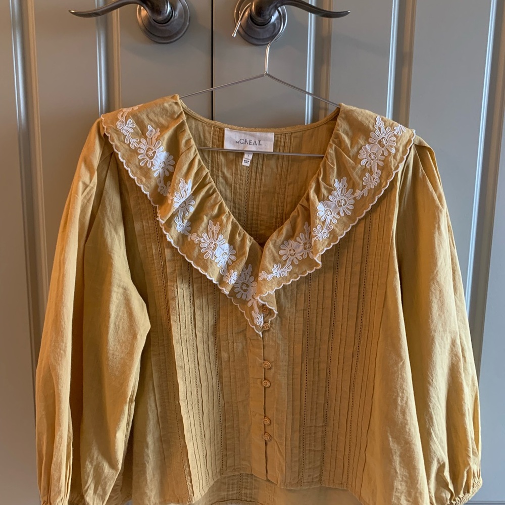 THE GREAT. Mustard Yellow Floral Blouse